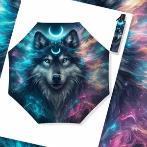 Star Moon Wolf Automatic Folding Umbrella, Dream Cosmic Style UV Protection Sunshade, Casual Cool Rainy Sunny Dual Use Umbrella