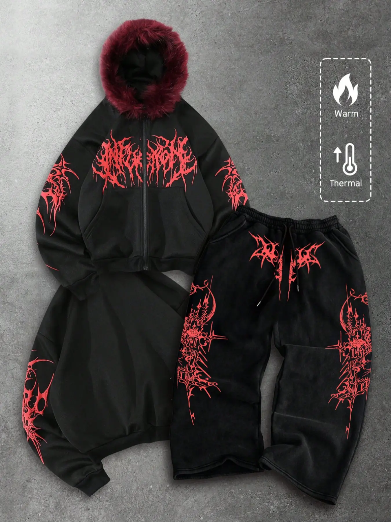 Tiktok Trendy Metal Font Print Fleece Set, Dark Street Style Hoodie & Pants Two-Piece, Gothic Graphic Warm Casual