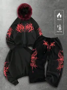 Tiktok Trendy Metal Font Print Fleece Set, Dark Street Style Hoodie & Pants Two-Piece, Gothic Graphic Warm Casual