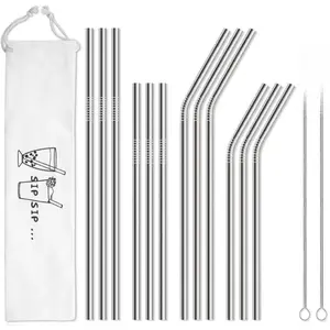 12-Pack Reusable Stainless Steel Metal Straws with Case - Long Drinking Straws for 30 oz and 20 oz Tumblers Dishwasher Safe - 2 Cleaning Brushes Included Cocktails Disposable