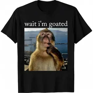 Men's 100% Cotton Short-Sleeve Round Neck Classic T-Shirt - Menswear Fashion Clothes with "Wait I'm Goated" Funny Thinking Monkey Meme Vintage Streetwear Design for Teens, Club Wear