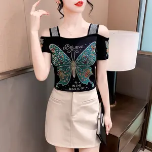 2026 Summer New Arrival: Women's Trendy Short-Sleeve Top — Intricate Rhinestone Embellishment, Double-Layered Ice Silk & Mesh Design, Stylish Off-Shoulder Cut with Beautiful Back Detail