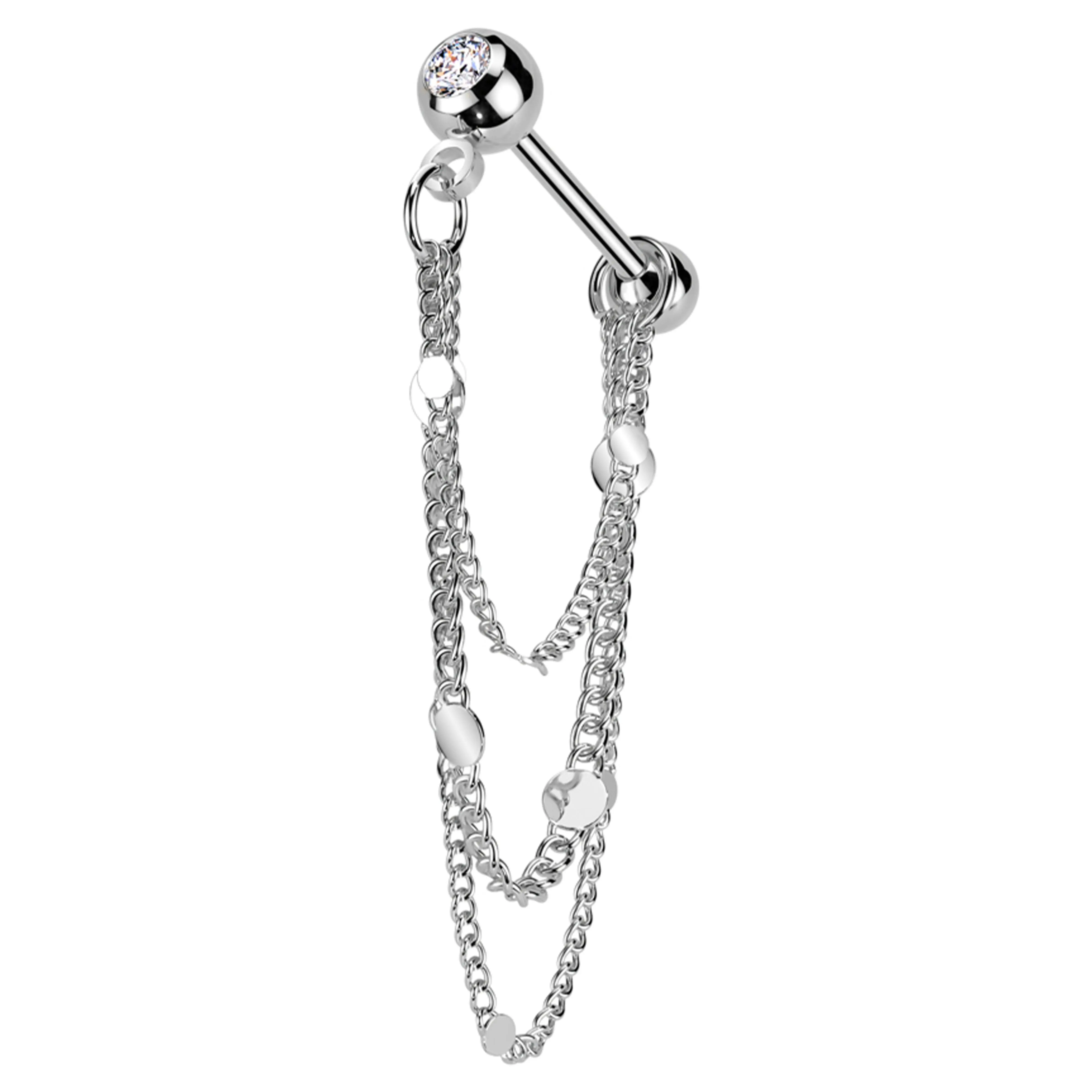 Clear CZ Stainless Steel Flat Disk Dangle Triple Chain