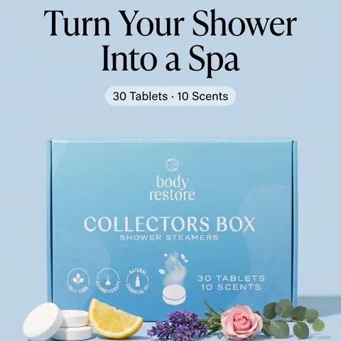 Body Restore Aromatherapy Shower Steamer Tablets 30-Pack - 10 Scent Varieties (Eucalyptus, Lavender, Mint), Natural Essential Oils, Calming Stress Relief Selfcare, Collector’s Box, Spa Gift for Women, Daily & Holiday Use