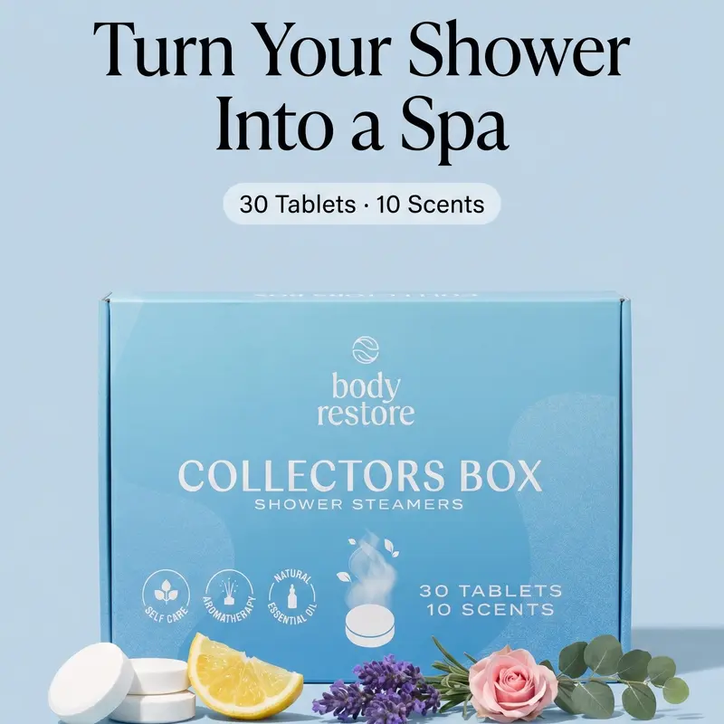 Body Restore Aromatherapy Shower Steamer Tablets 30-Pack - 10 Scent Varieties (Eucalyptus, Lavender, Mint), Natural Essential Oils, Calming Stress Relief Selfcare, Collector’s Box, Spa Gift for Women, Daily & Holiday Use