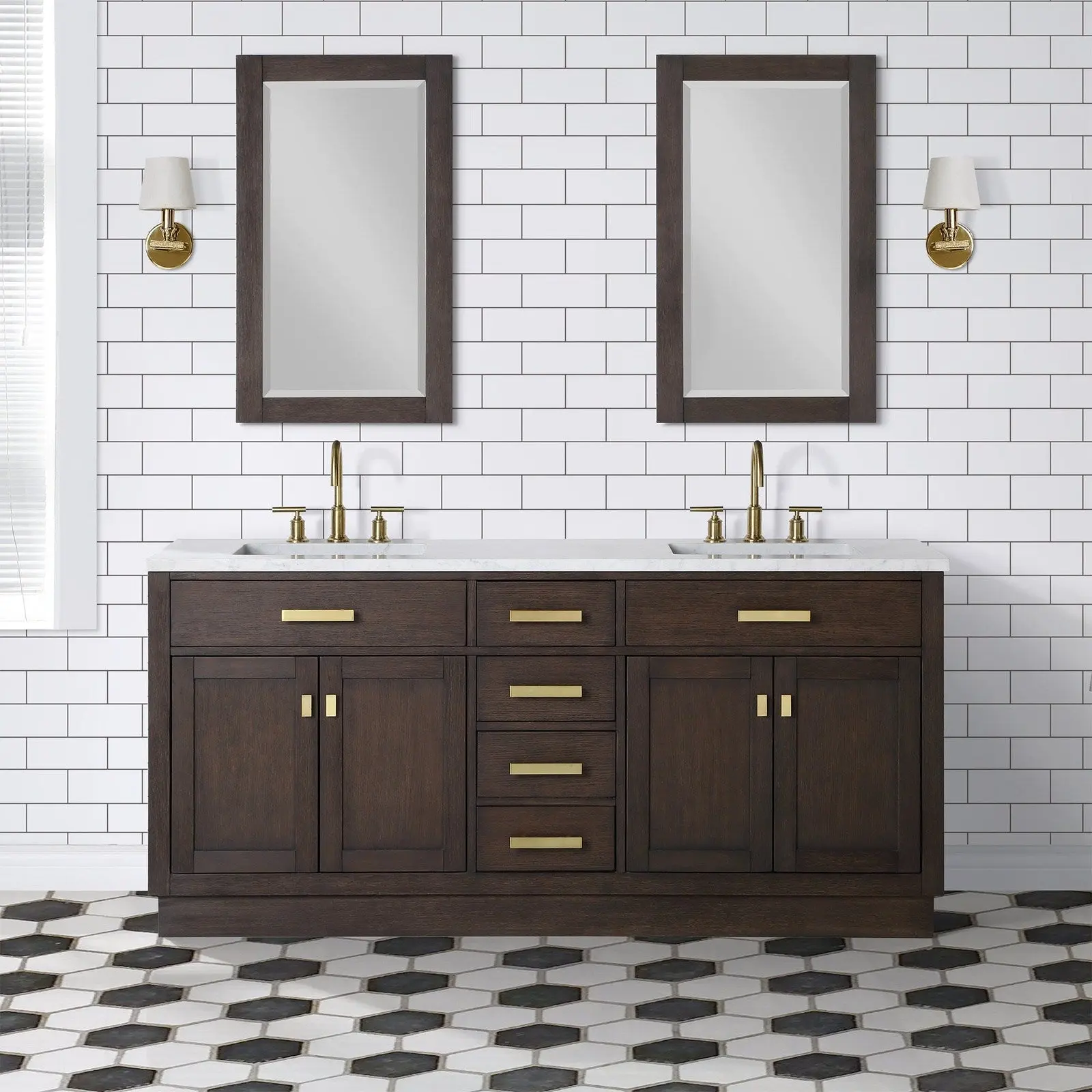 Water Creation Chestnut 72" Double Sink Carrara White Marble Countertop Vanity In Brown Oak with Gooseneck Faucets