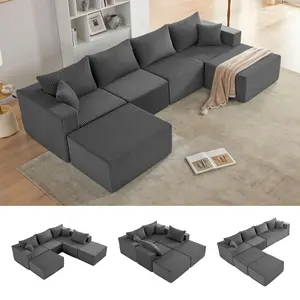 【2 Packages】Weture 121''Modular Sectional Sofa with 2 Ottoman, Boneless couches for Living Room Furniture,Comfort U Shaped Sofa， Deep Seat Corner Couch，No Assembly Required（Gery，Corduroy）