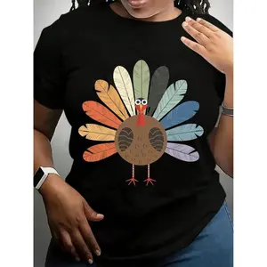 Women's Plus Size Thanksgiving Graphic T-Shirt - Happy Thanksgiving Print With Pumpkins, Casual Short Sleeve Round Neck Top t shirts