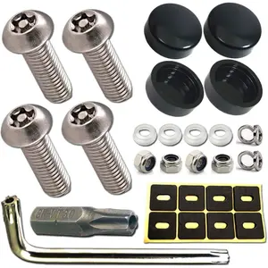 Anti Theft License Plate Screws-Rust Resistant Stainless Steel Plate Screws, Security Tamper Resistant Machine License Plate Bolts, License Plate Frame Fasteners, Black Caps, Anti-Rattle Pad