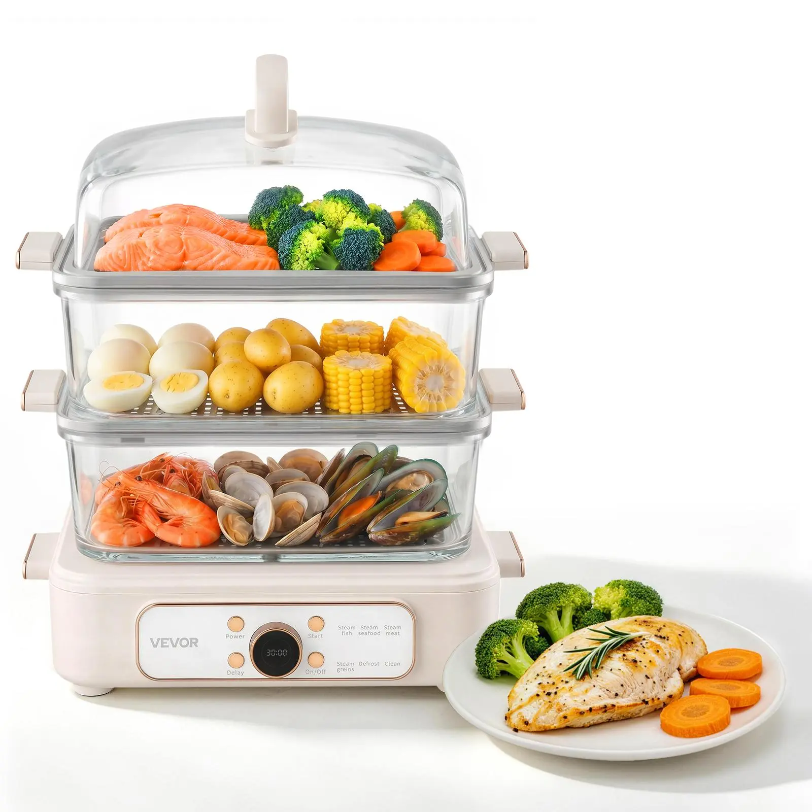 【DealsForYouDays】VEVOR 1200W Electric Food Steamer - 10.6 QT Glass, 3-Tier Stainless Steel Trays, Pre-Programmed Settings, Delay Start, 2-4 Servings Kitchen Appliance for Veggies, Seafood, Kitchen Appliances