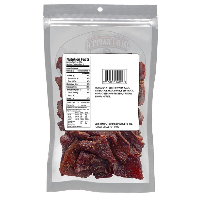 Old Trapper Beef Jerky, Peppered 8 Ounce Pack, Spicy Meat Snacks for Lunches or Between Meals, 11 Grams of Protein, Zero Grams of Fat, and 70 Calories per Serving (Pack of One)