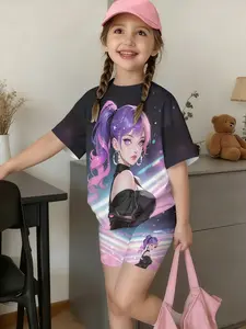 K-Pop Stage Gradient Girl Print Short Sleeve Set, Sweet Cool Spice Babe Y2K, Slim-Fitting Suit, All over Print