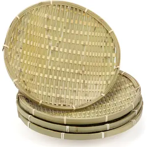 4 Packs Bamboo Basket Tray, 12 in Round Hand Weave Bread Baskets for Serving, Woven Fruit , Rattan Wicker Serving  for Garden, Daily Dinning, Kitchen Organization, Stackable