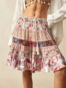 Women's Woven Floral Paisley Bohemian Ruffle Hem Skirt with Belt, Elegant Summer Fashion, Perfect for Casual and Party, Boho