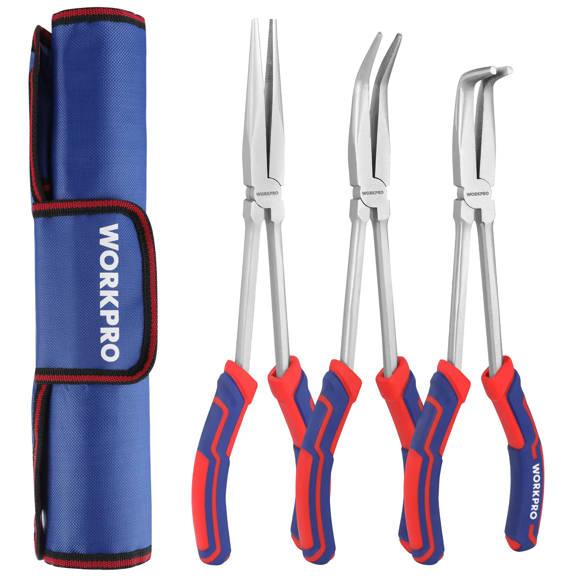 #fathersdaygift WORKPRO 3PC Long Reach Pliers Set, 11 Inch Extra Long Needle Nose Plier Set Includes Straight, 90° & 45° Bent Nose Plier, Pliers Tool Set for Narrow Spaces