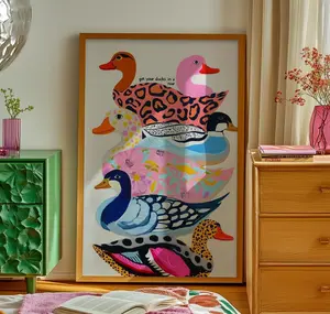 Wall Art, Funny Poster (Unframed), Ducks Wall Art, Funny Poster (Unframed), Colorful Ducks Print, Trendy Animal Pattern Decor, Kitsch Dopamine Art Photo Satin