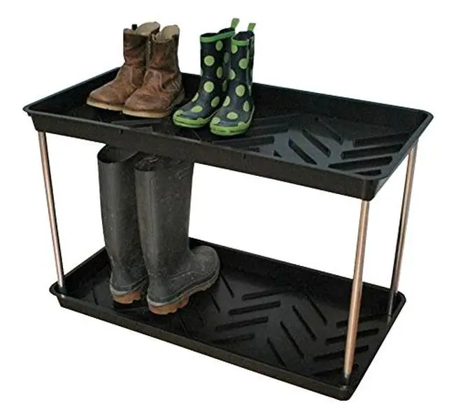 212 MAIN Black 2-Tiered Boot Tray Organizer - Sturdy Rust-Resistant Aluminum Posts, Recycled Plastic Construction, Multifunctional Furniture Storage Rack for Outdoor Sports Shoes