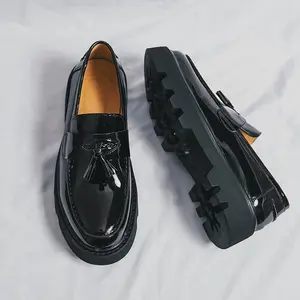 Men's Black Patent Leather Platform Loafers | Tassel Detail & Round Toe Design | Non-Slip Lug Sole | for Business, Office & Daily Casual Wear