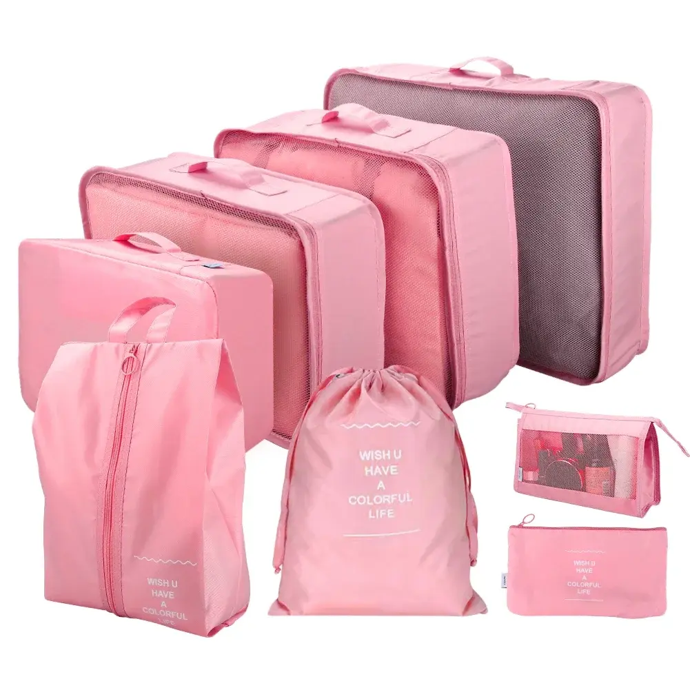 Waterproof Packing Cubes 8Pc Set for Suitcases Travel Packing Organizer with Double Zipper Pulls Mesh Top 100% Durable Polyester Expanding Compression