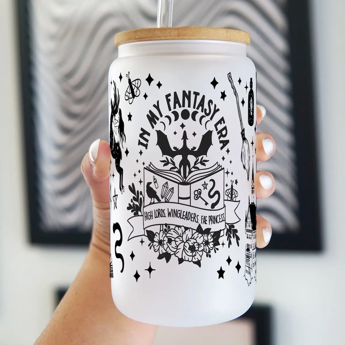 In My Fantasy Era 40oz Glass Tumbler with Lid and Straw, Iced Coffee Drinkware, Gift for Her, Acrylic Tumbler, water bottle for women, iced coffee cup, Handmade, Printed, Bamboo