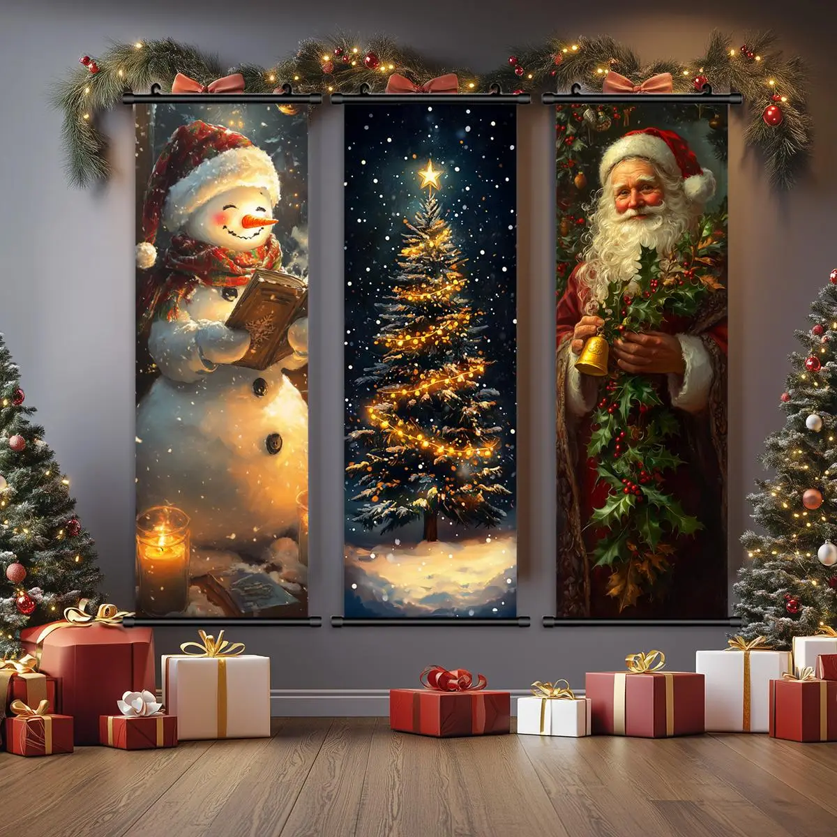 Christmas Themed Hanging Banner, 3 Counts/set Santa Claus & Christmas Tree Pattern Wall Decor, Wall Art for Home Living Room Bedroom Decor