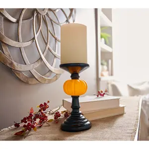 9.5" Lit Pumpkin Pedestal Candle Holder by Valerie