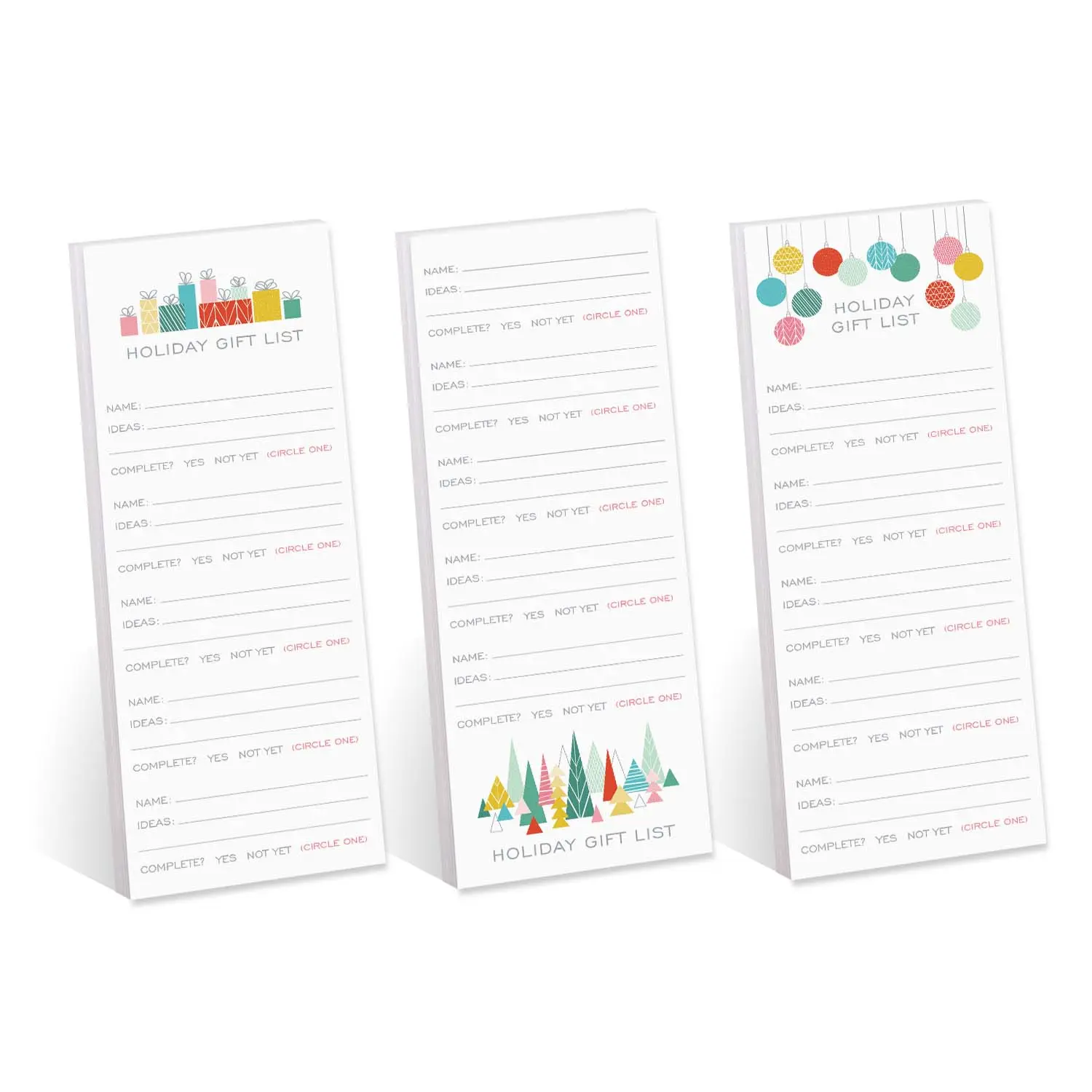 Modern Holiday Gift Checklist Assortment / Set Of 3 Colorful Christmas List Note Pads / 3" x 8" Cute Gift Trackers / 50 Sheets Per Pad / Made In USA