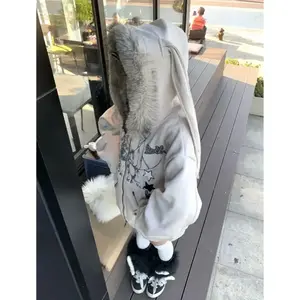 American Y2k Subcultural Print Coat Women's Cute Rabbit Eared Hoodie Sweatshirts Autumn Winter Thicked Warm Tops Mujer Hoodie Womenswear Long Sleeve Casual Love