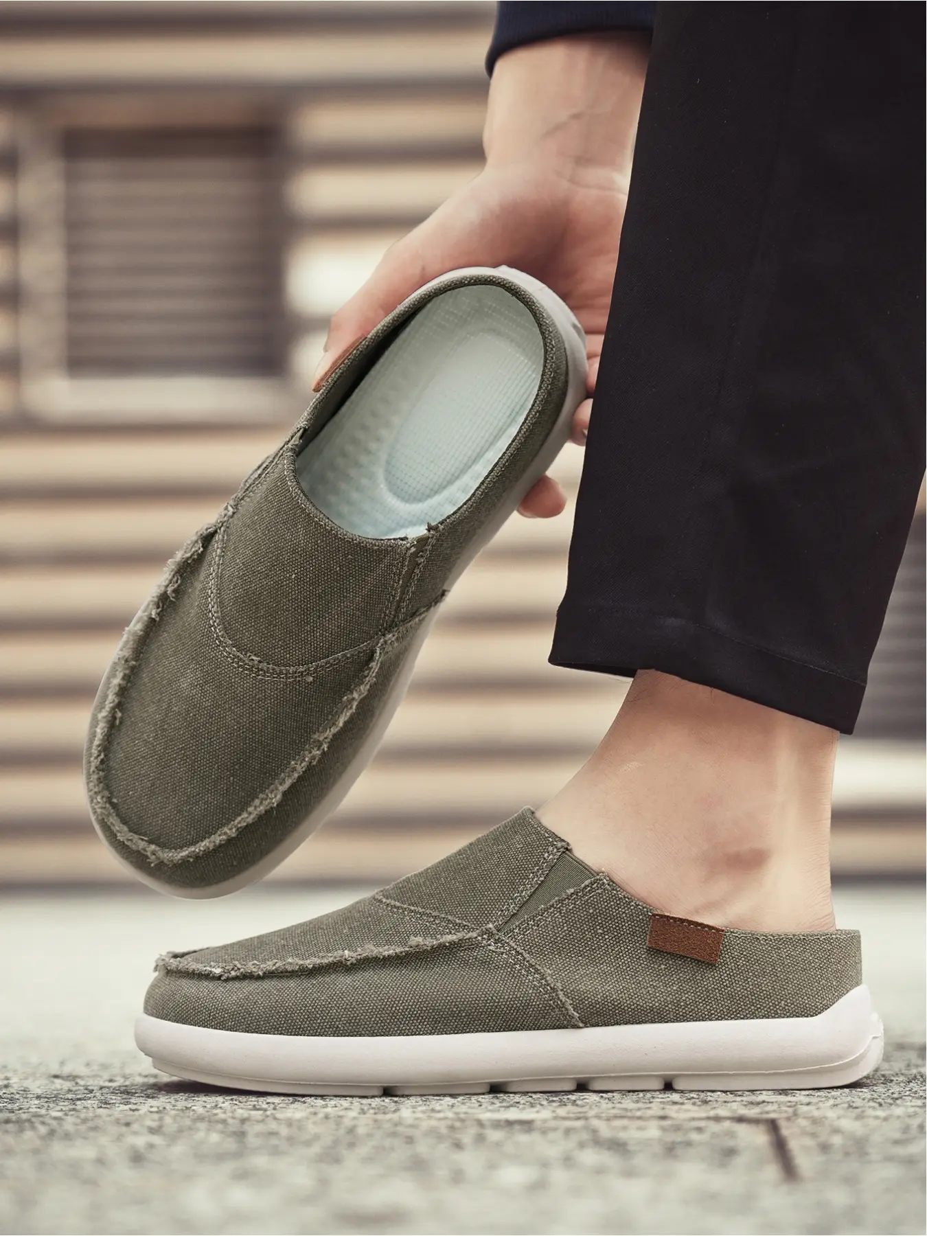 Men's Vintage Raw-Edge Canvas Solid Color Mules, Lightweight Breathable Slip-On Casual Shoes, Walking Shoes, Footwear