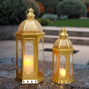 Set of 2 Decorative Candle Lanterns 22"&17" H Vintage Metal Candle Holderr(Gold)