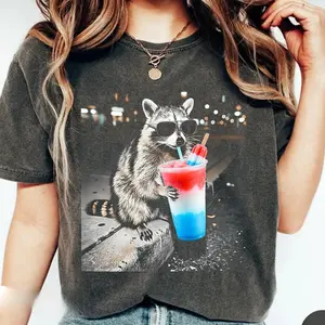 Comfort Colors 4th of July Raccoon Drinking Patriotic Slushie T-Shirt, Cute  American Meme Tee, Red White Blue Popsicle Drink Shirt
