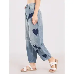Women'SFashionableWideLegPants,BucketShapedLooseJeans,Heart-shapedPrintedCroppedPants