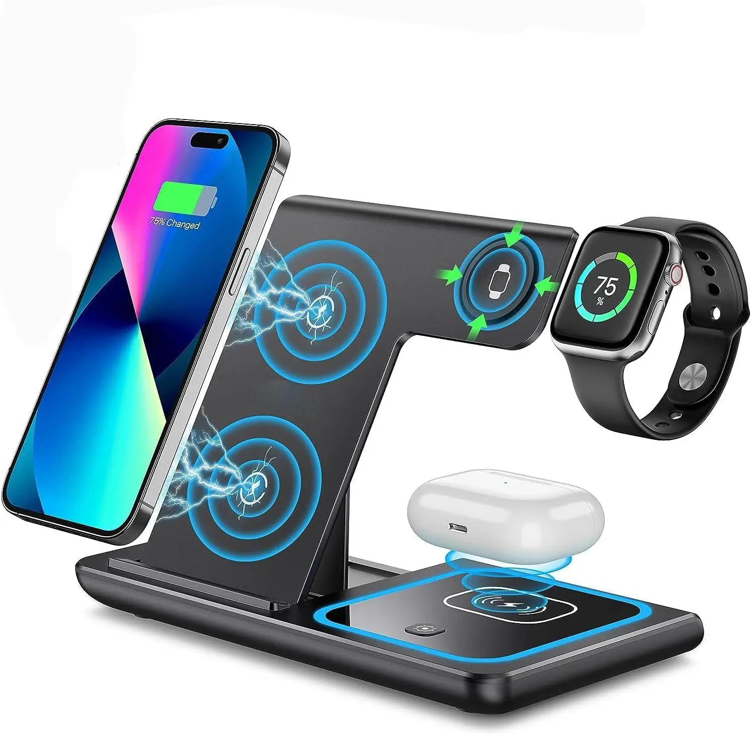 WHATOOK Wireless Charger Stand for iPhone 15 14 13 12 11 Pro Max XR XS 8 Plus, for Apple Watch 8 7 6 5 4 3 2 SE, and AirPods Pro 3 2 - 3 in 1 Wireless
