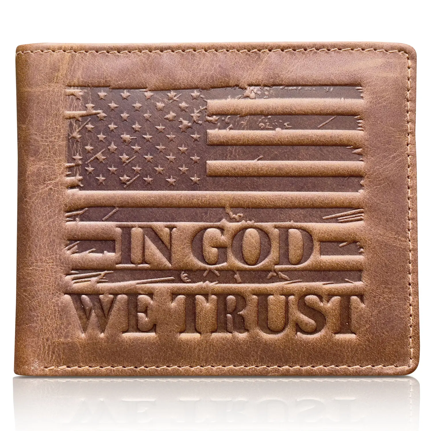 Patriotic Leather Bifold Wallet with "In God We Trust" Design and American Flag Embossing
