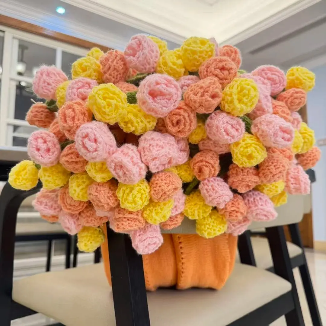 Handmade Round Crochet Flower Bouquet with Decorative Fringe Trim - Tri-color Orange Rose Blanket (150cm/59in), Multi-size Home Decor Tapestry, Lightweight Feminine Living Room Table Accent, Christmas Gift for Wife