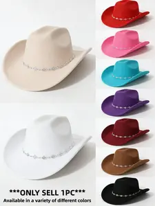 Western Cowboy Hat with Rhinestone Chain, Multi-Color Option, Casual Fitted Design, Perfect for Halloween Cosplay and Daily Use