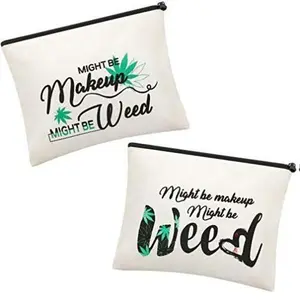 2 Pcs Leaf Makeup Bags Funny Might Be Makeup Might Be Weed Bag Cosmetic Zipper Purse Weed Gifts for Women Vacation Travel