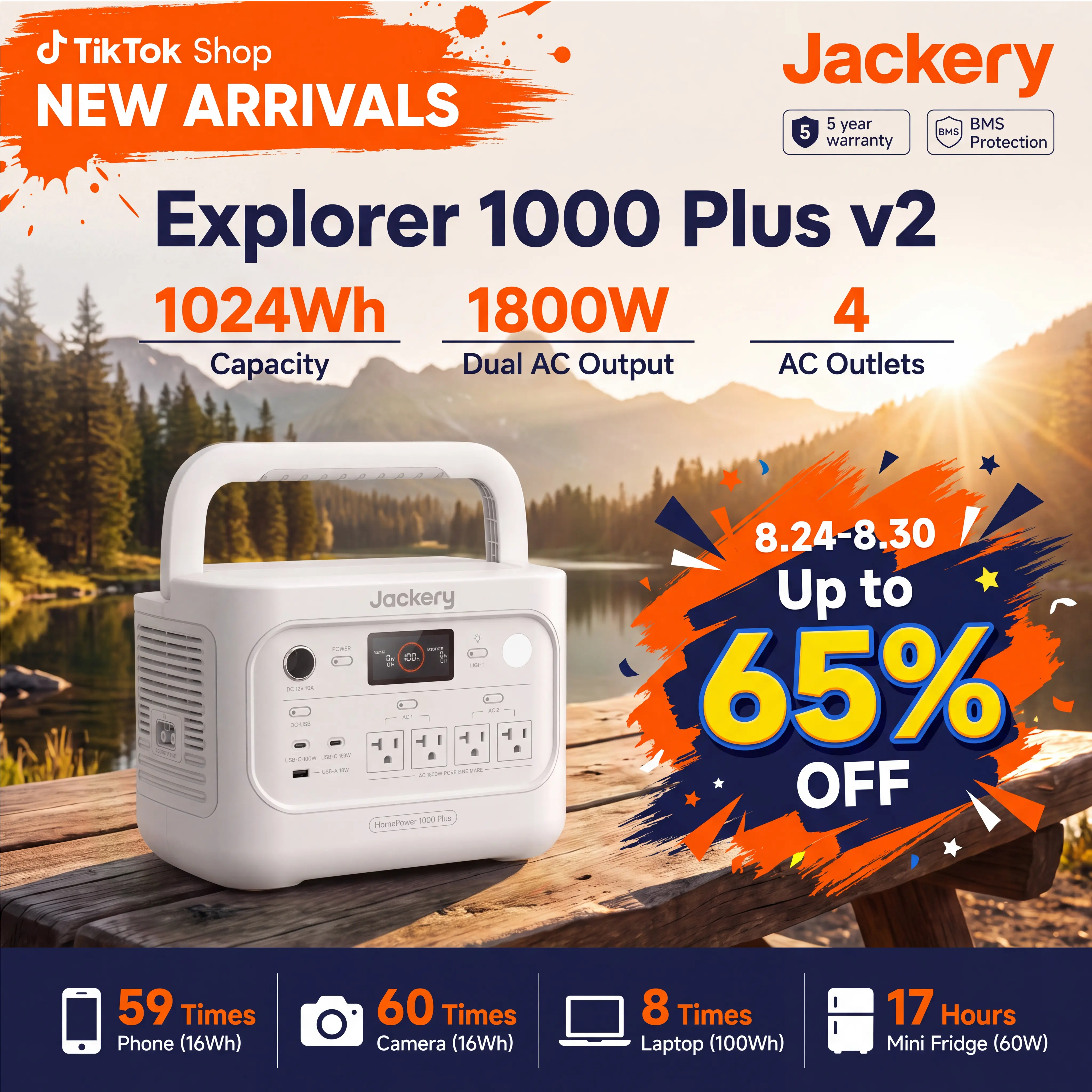 Jackery Explorer 1000 Plus v2 Portable Power Bank, Battery Cell Upgrade | 1070Wh Lithium Iron Phosphate, 1500W Output, USB-C PD Upgrade, New AC Port, AC Split Control, 3kV Surge Protection, 1 Hour Fast Charging