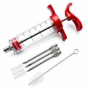 Meat Injector, 1-oz Plastic BBQ Marinade Injector Kit, Turkey Injector Syringe (3 Stainless Steel Meat Needles +3 Replacement O Rings + 1 Cleaning Brush) for Turkey Smoked BBQ Grill