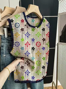 Women's Casual Fitted Colorblock Knit Top, Spring Summer Round Neck Sleeveless Sweater, Deep Blue Color Block Geometric Print, Fall