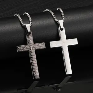 TANTIUE 2 Pcs Cross Necklace for Men, Stainless Steel Pendant Silver Black Crosses Chain Inspirational Bible Verse Cross Chain Jewelry Gifts Box