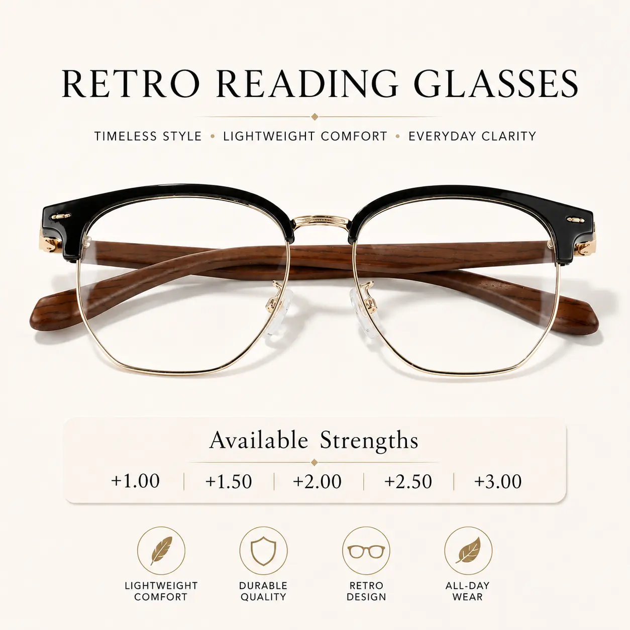 Retro Reading Glasses for Women Men, Black Gold Full Frame Readers, Blue Light Filtering, Lightweight Clear Lens Eyewear with Case, Lightweight Everyday Eyewear for Reading Phone Computer Work, +1.00 to +3.00