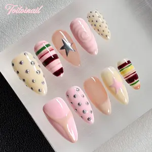 Star Sprinkle Handmade Acrylic Press-On Nails | Medium Almond Shape, 10pcs | Cream Nude Base with Star, Polka Dots & Contrast Stripes | Y2K Sweet Vibe Aesthetic | Daily Casual Wear, Reusable Glossy False Nails