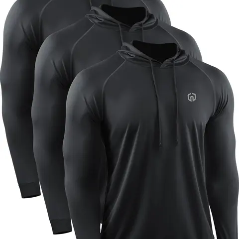 Neleus Men's 3-Pack Twill Long Sleeve Hooded Athleisure Wear Tops - Quick Dry, Breathable, Machine Washable, Increased Visibility Active Sportswear for Gym Workout Clothes & Athletic Training (Check Size Chart)