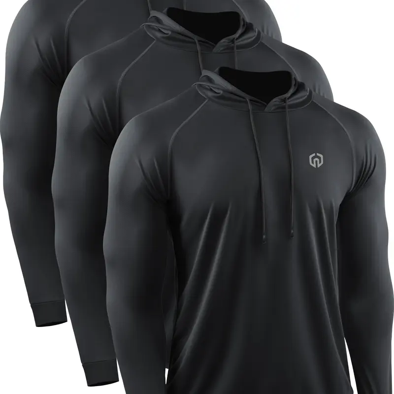 Neleus Men's 3-Pack Twill Long Sleeve Hooded Athleisure Wear Tops - Quick Dry, Breathable, Machine Washable, Increased Visibility Active Sportswear for Gym Workout Clothes & Athletic Training (Check Size Chart)