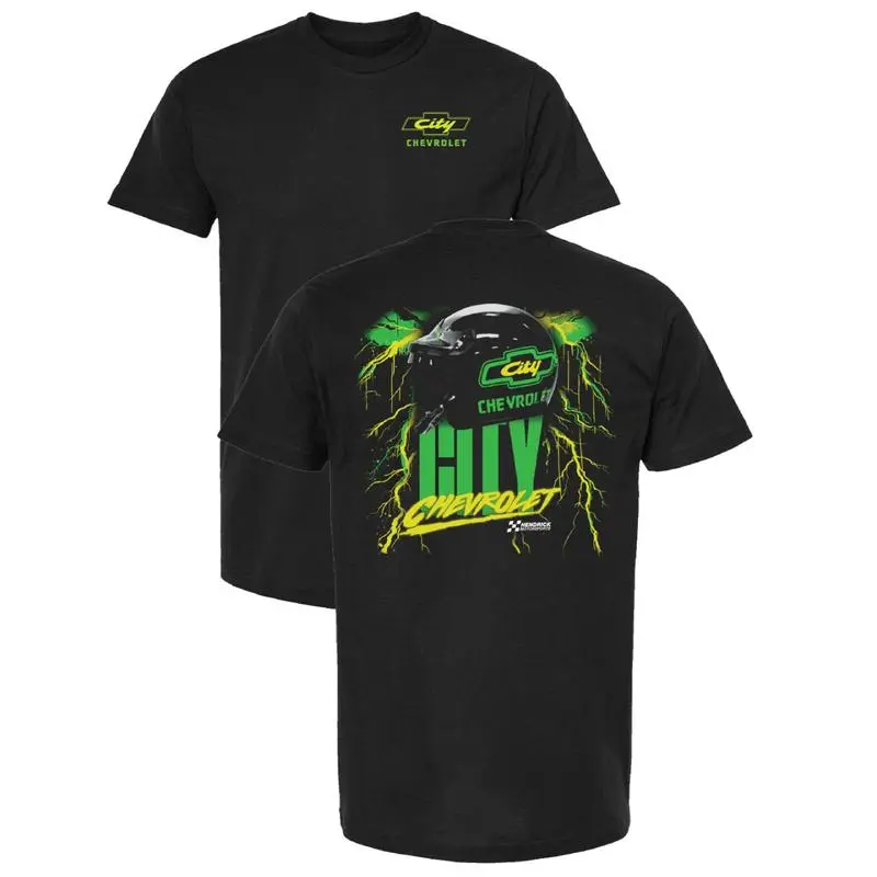 City Chevrolet Racing Helmet T-Shirt – Official Trackside Graphic Tee, Electric Green Motorsports Shirt, High Voltage NASCAR Fan Apparel for Men