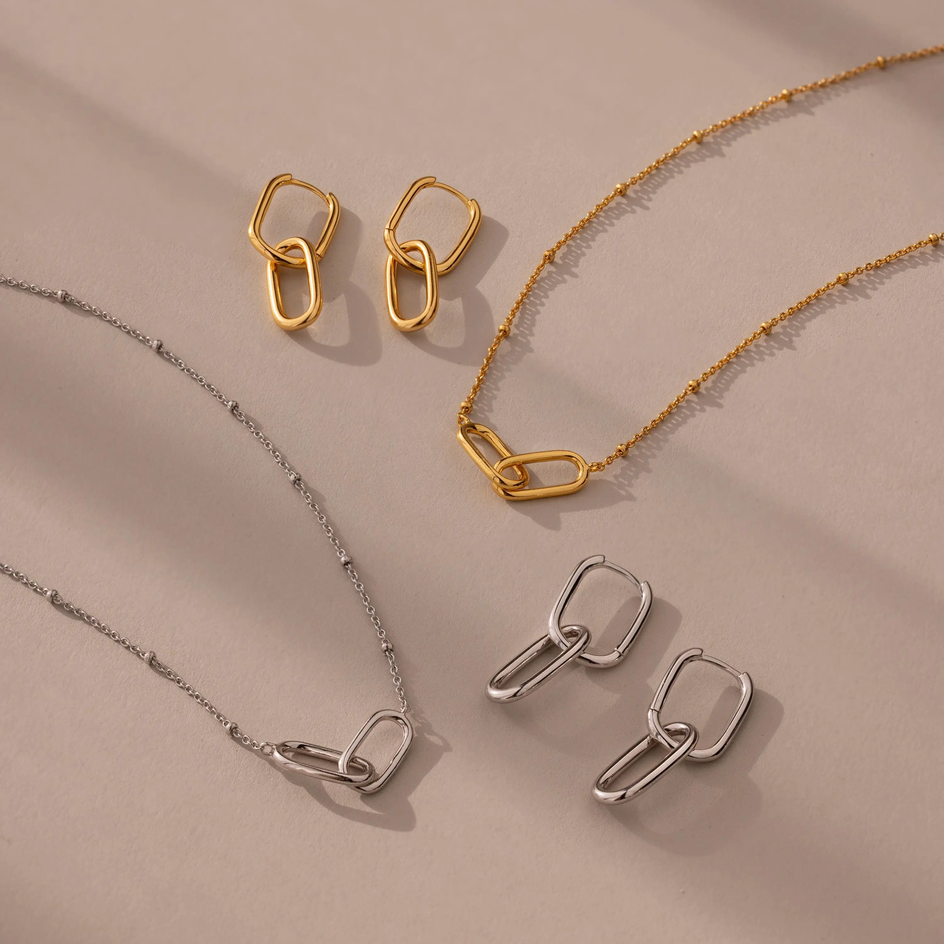 Linked Charm Necklace & Earrings Set by Caitlyn Minimalist - Set of 2: Interlocking Pendant Necklace & Dangle Link Hoop Earrings - Minimalist Jewelry Set - Anniversary Gift Set - Graduation Gift for Her