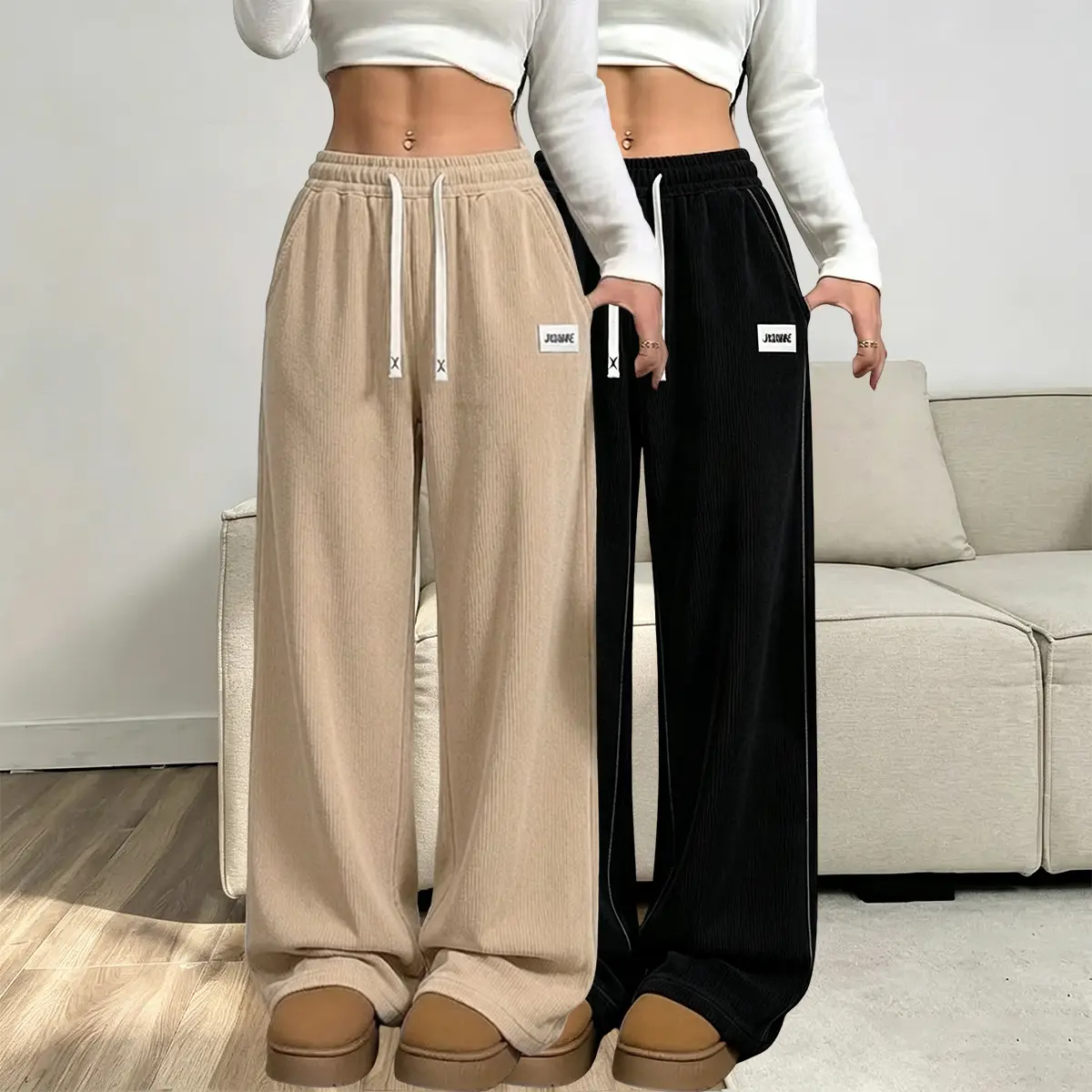 2-pack women’s solid-color athletic sweatpants with a drawstring waist and pockets, made from flannel fabric; comfortable for everyday wear and versatile; women’s bottoms, womenswear, autumn/winter apparel.