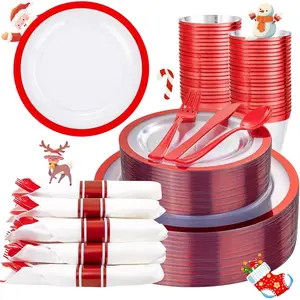 350-Piece Transparent Red Plastic New Year Dinner Plate and Napkin Set (Serves 50) Plastic Tableware Set: 100 red disposable dinner plates 50 pre-rolled napkins (with utensils included) 50 party/Christmas cups
