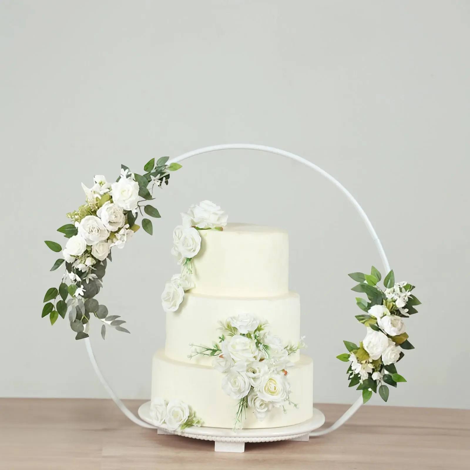 Metal Round Floral Hoop Cake Stand 22" Whitewash with Beaded Wooden Base - Dessert Display Table Centerpiece Stand